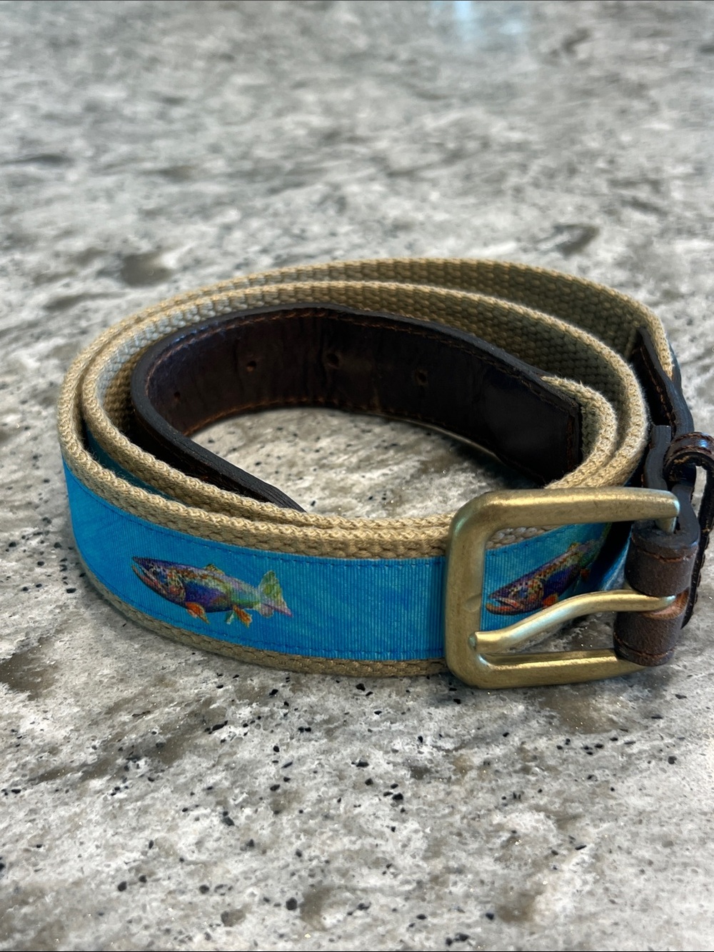 Men's Turquoise Canvas Fish-Print Belt with Brass Buckle